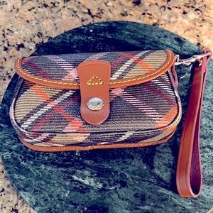 Rooney Bourke wristlet plaid pink and brown plaid with tan cowhide leather